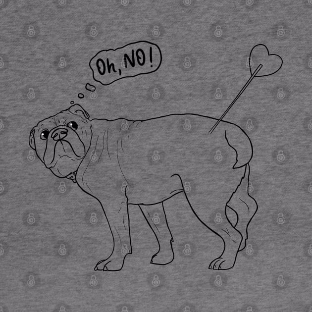 Oh, no! Touched by Cupid's arrow - funny english Bulldog With Heart Arrow - Humorous Valentine's Day, black lineart illustration by illograph